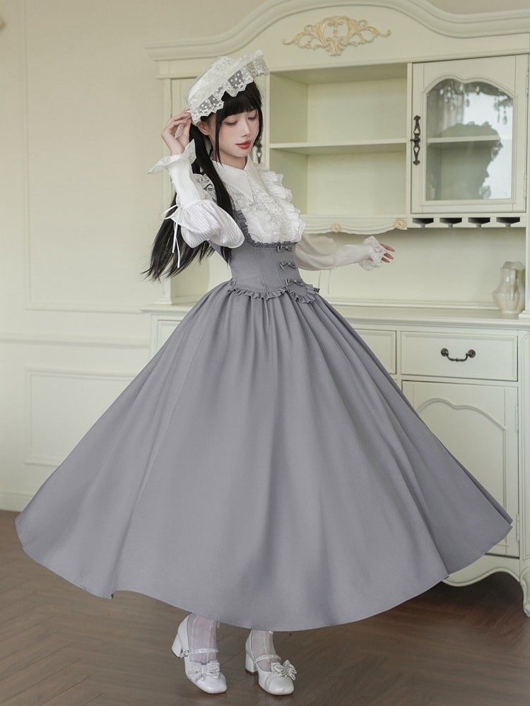 Ruffle Bust Elegant Jumper Lolita Edge Gray Scalloped Classic Under Trimming Skirt Dress