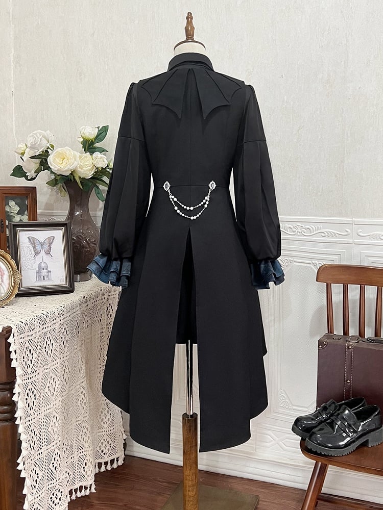 Long Shirt - Black Ouji Blue + Sleeves Tie Waistcoat Jabot Full and Prince Shorts Lolita Set