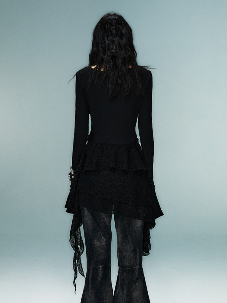 Knit Dress with Lace Accents Sleeve Hem Black Gothic Punk Bell Handkerchief