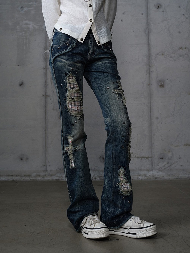 Jeans Light Studs Punk Patches Wash Blue Distressed with Plaid