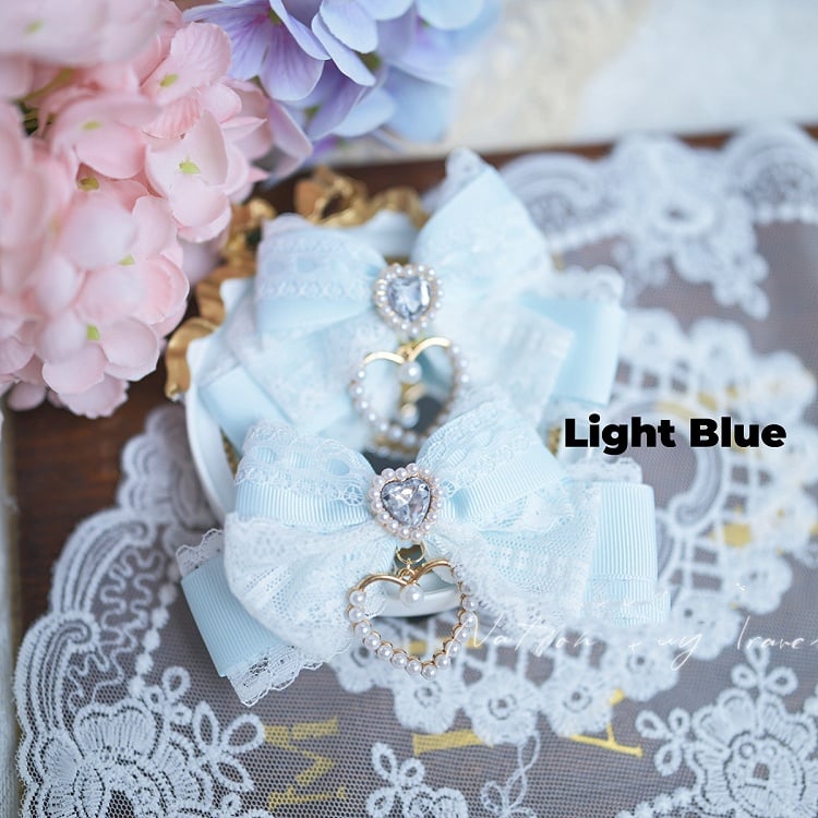 Herz Strass Jirai Kei Spitze Schleife Haarspangen Blau/SchwarzWeiß/Weiß Rosa/Hellstaubig