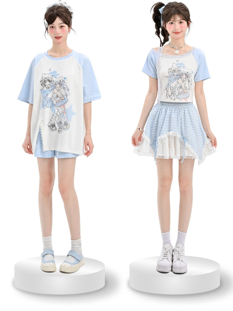 Light Blue Design Anime Girl Print T-Shirt Colorblock Short/Long Version