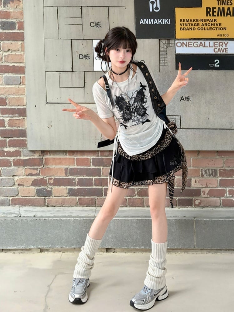 Y2K Black Leopard Pattern Mini Tiered Skirt with Details Glamorous Lace-up