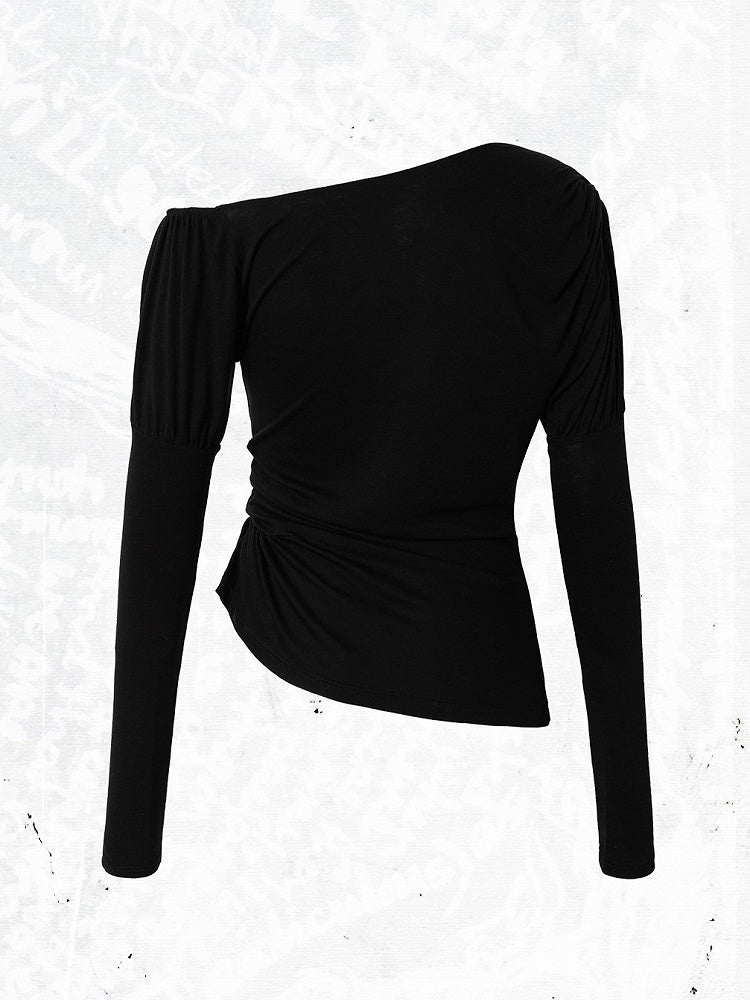 Grunge Aesthetic Neck Punk Black Side Stretch Button Details Asymmetrical Top with