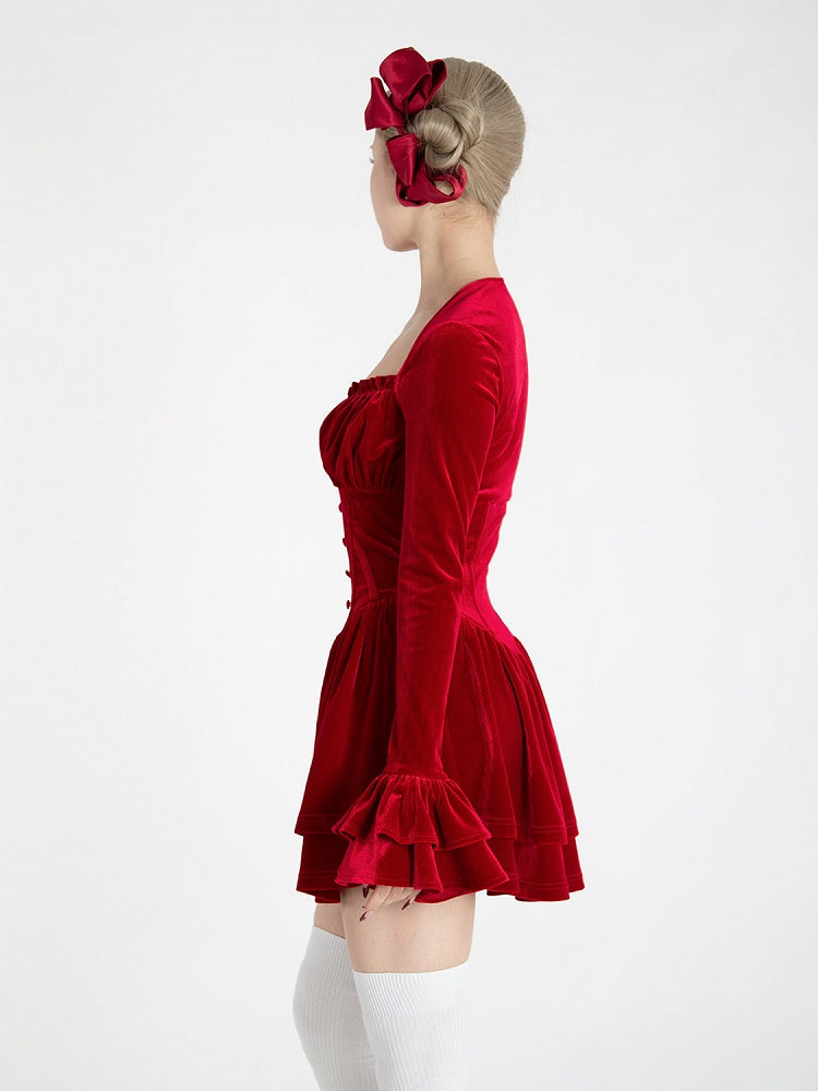 レッドベルベットのVネックベルスリーブグラマラスティアードスカートミニドレス