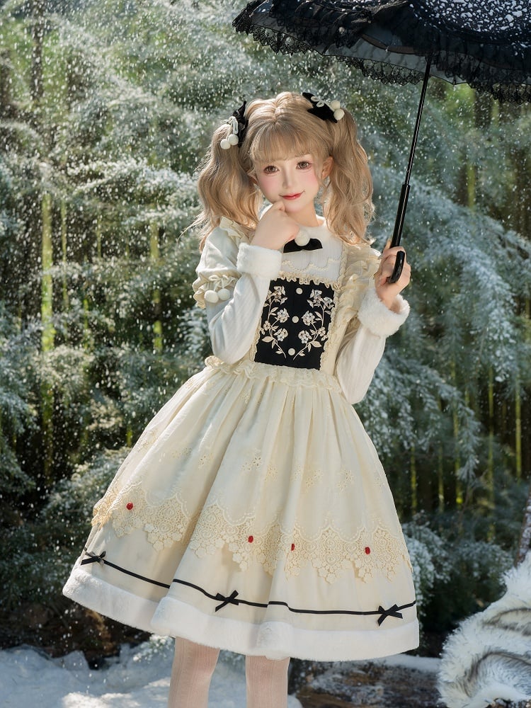and Neckline Beige Long Sleeves Cuffs Lolita Floral Plush Dress Bodice Embroidery