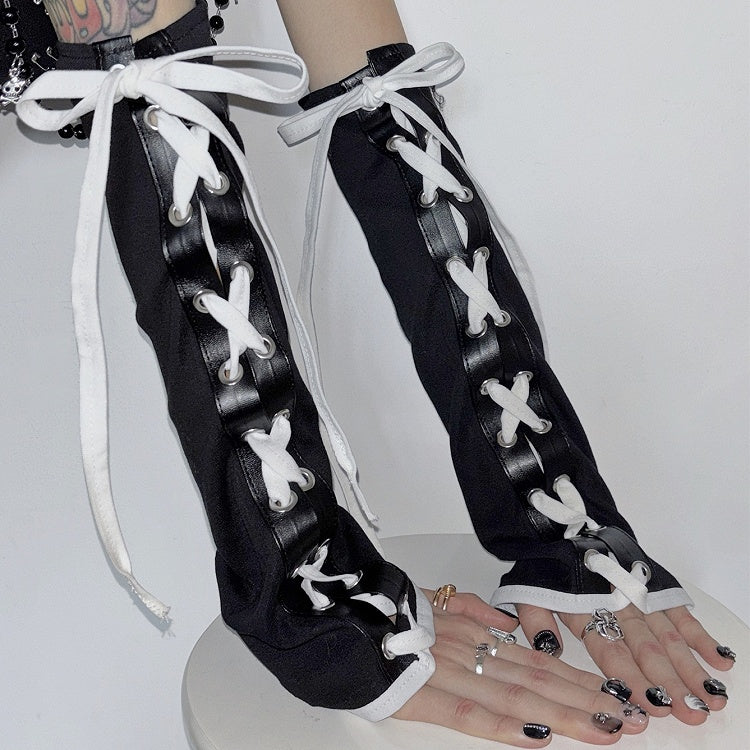 Self-tie BlackWhite Crisscross Strap Y2K Design Sleeves
