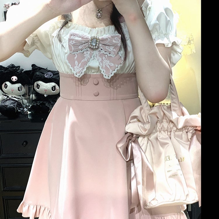 Off-the-shoulder Neckline Mini Dress and Shorts Set Jirai Kei Black/Pink/Blue
