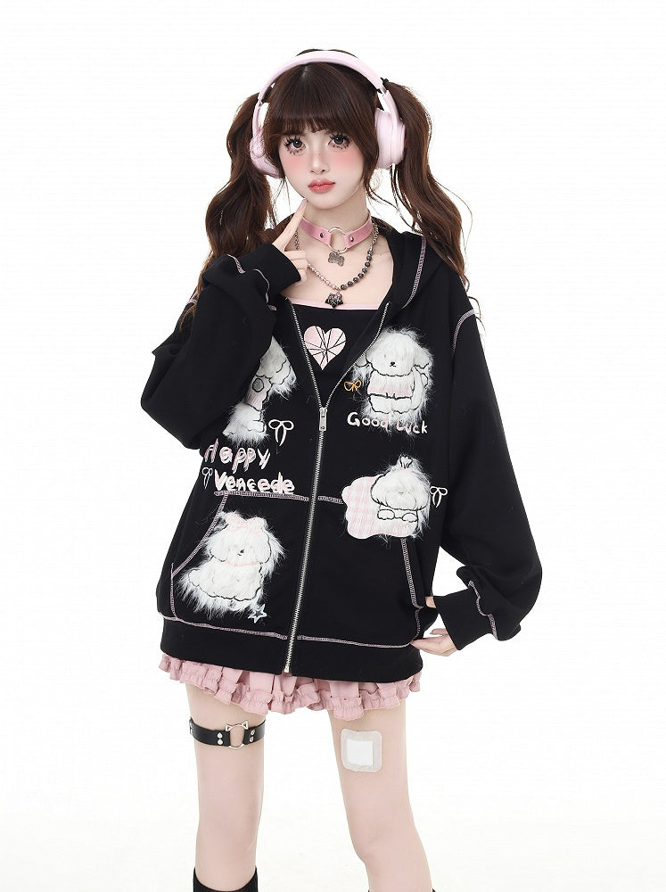 Puppy Embroidery Applique Black/Light Blue Plush Zip Closure Hoodie