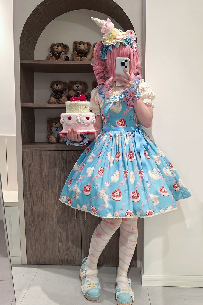 Dress Print Skirt Cute Lolita Jumper Showa Fluffy Kitty Blue Sweet