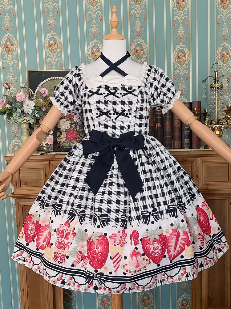 Black Strawberry Print Plus Lolita Gingham and Dress Bow Size