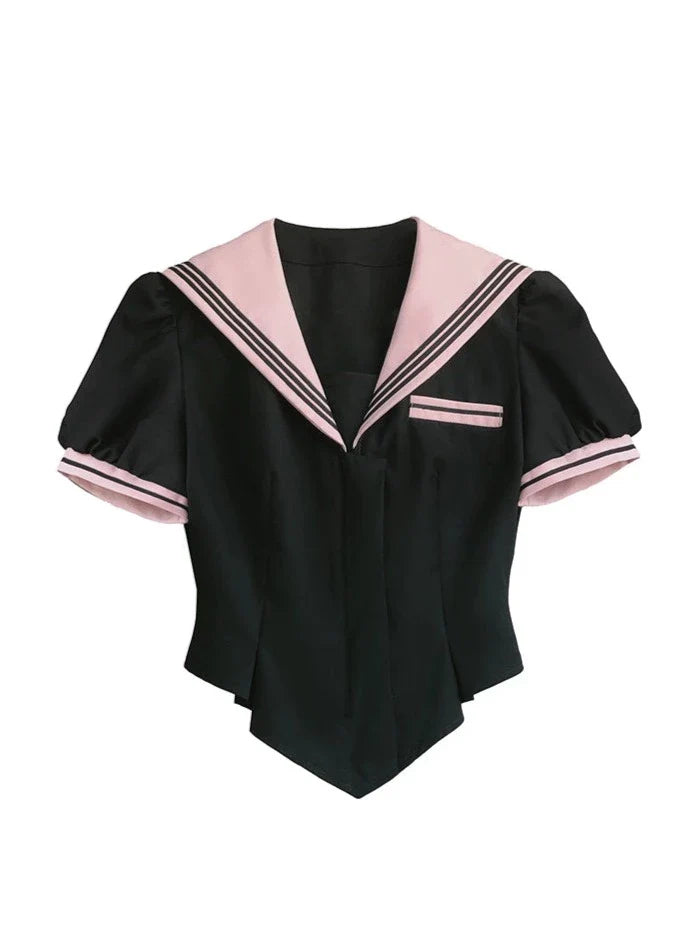 Haut évasé marin + jupe taille bouffante ruban gâteau + col à manches
