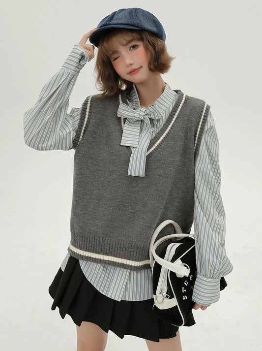 Style Korean Vest + Striped V-neck Shirt