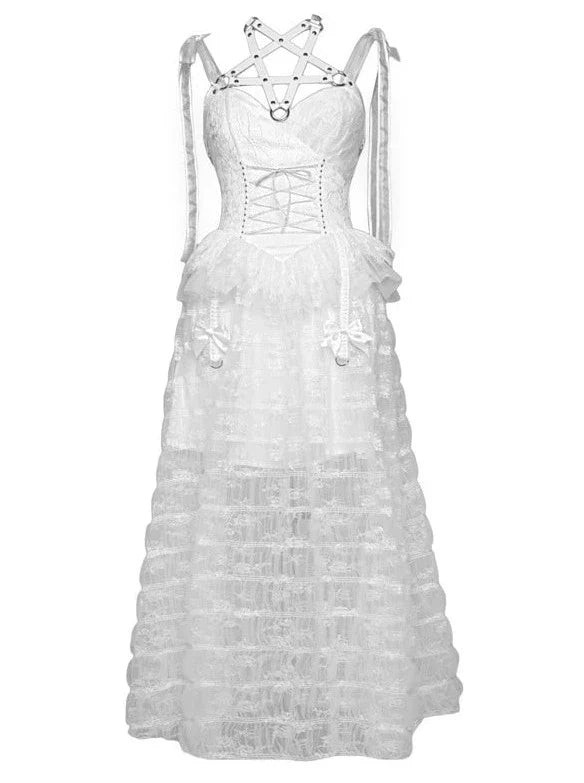 Mesh Schlafen Pentagramm Gothic Spitze Hosenträger Weiß Alice Dunkles Kleid