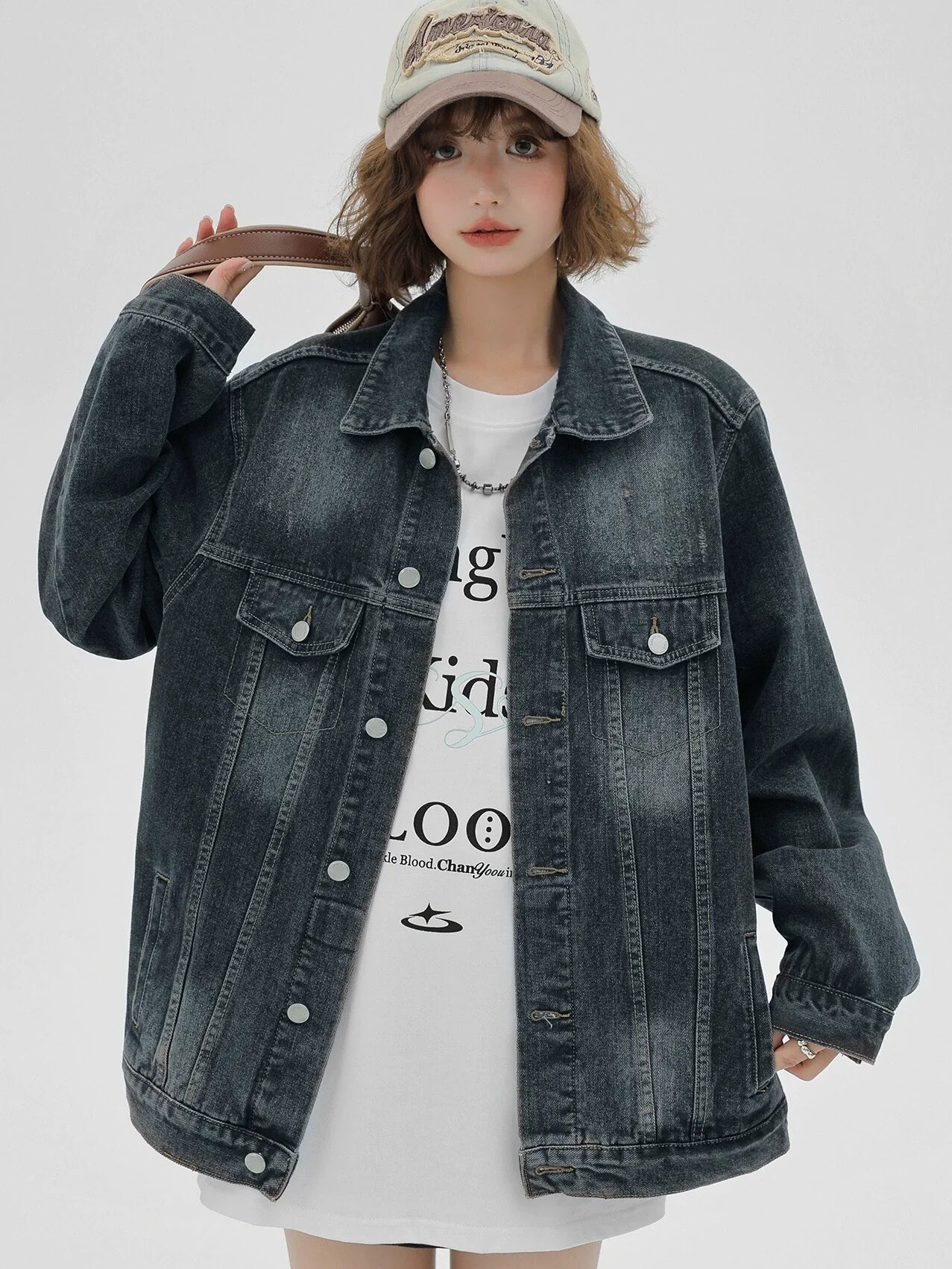 Veste américaine délavée en denim nostalgique ample et rétro