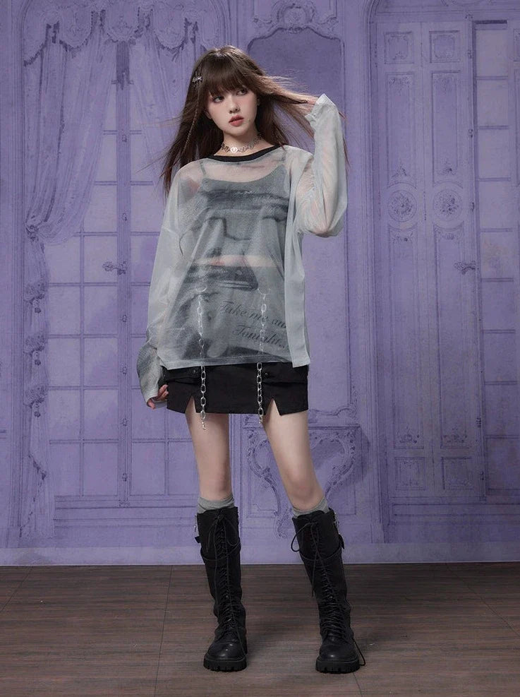 Sheer Print Gray Top Mode Mesh