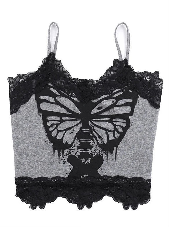 Print Butterfly Skull Camisole Top Lace