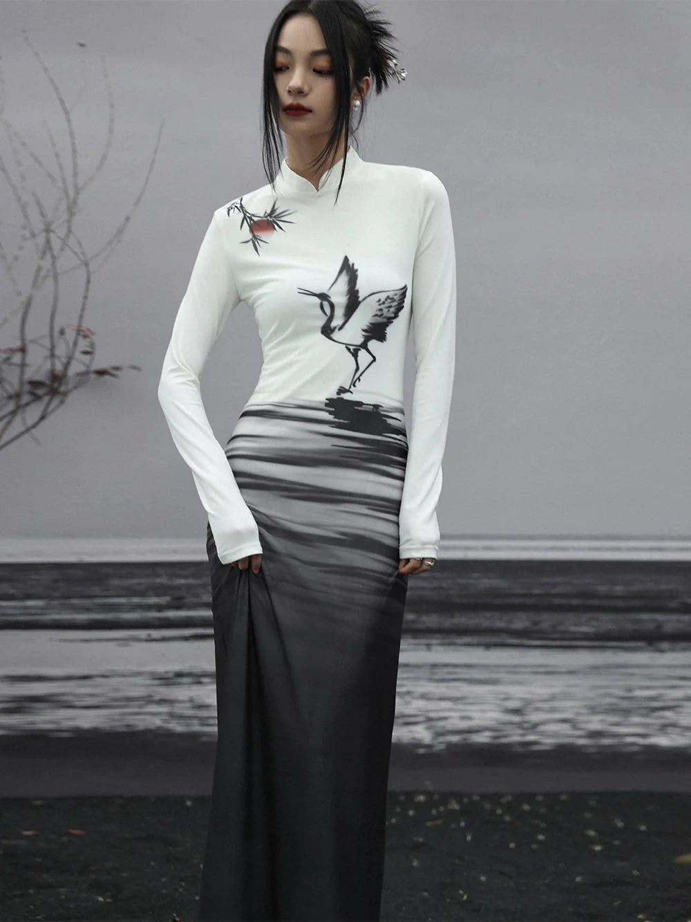 Long Dress Painting Knit Slim China Print Ink