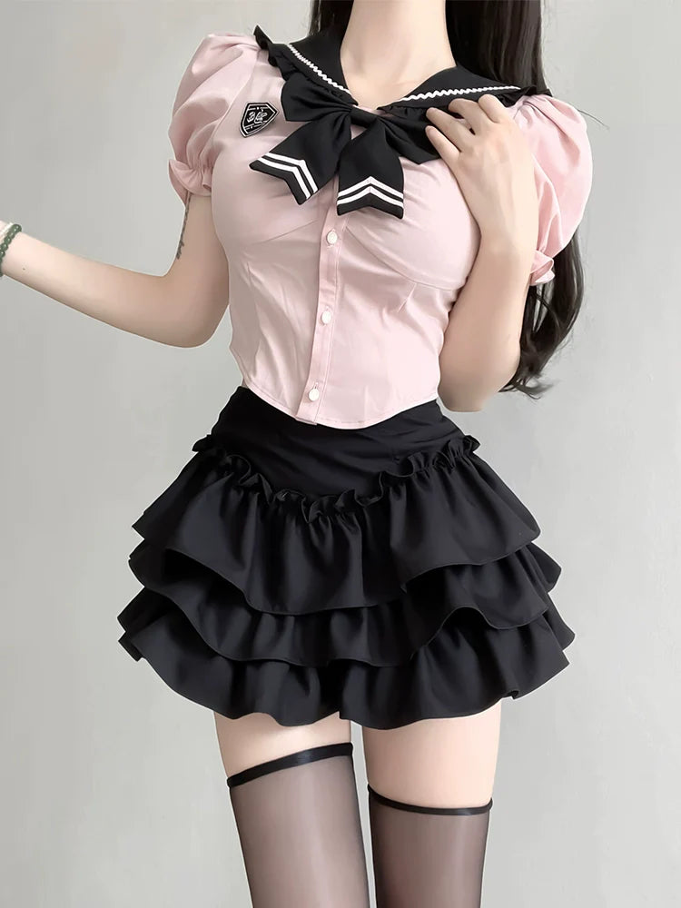 Girl Puff Flared Skirt Ribbon Top Ruffle Slim Sweet Sleeve