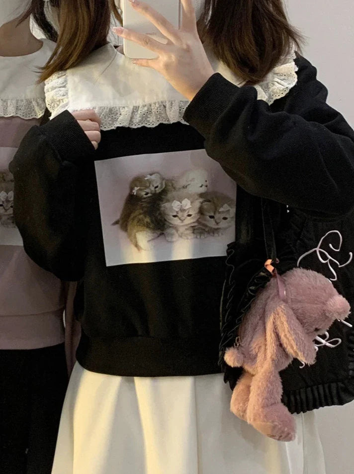 レーススクエアカラーキャットプリントトレーナー