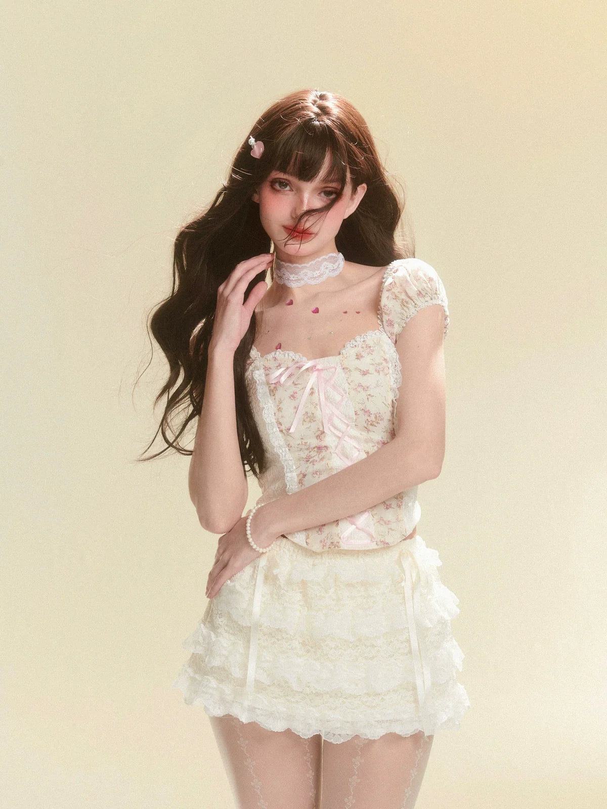 Open Neck Flower Lace-up Top