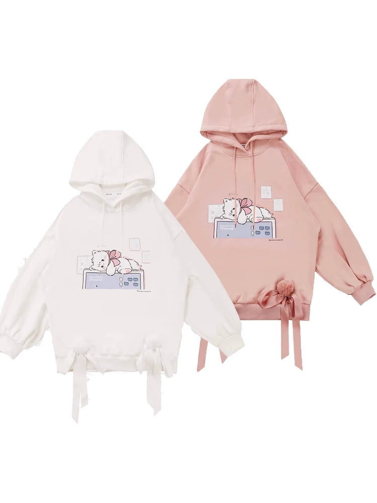 プラスベルベッドピンクホワイトボールリボンパーカー