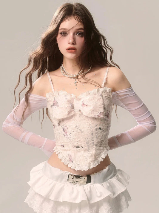 Sheer Top Fragrance Appliquot Shoulder Sleeve One Flower Suspender