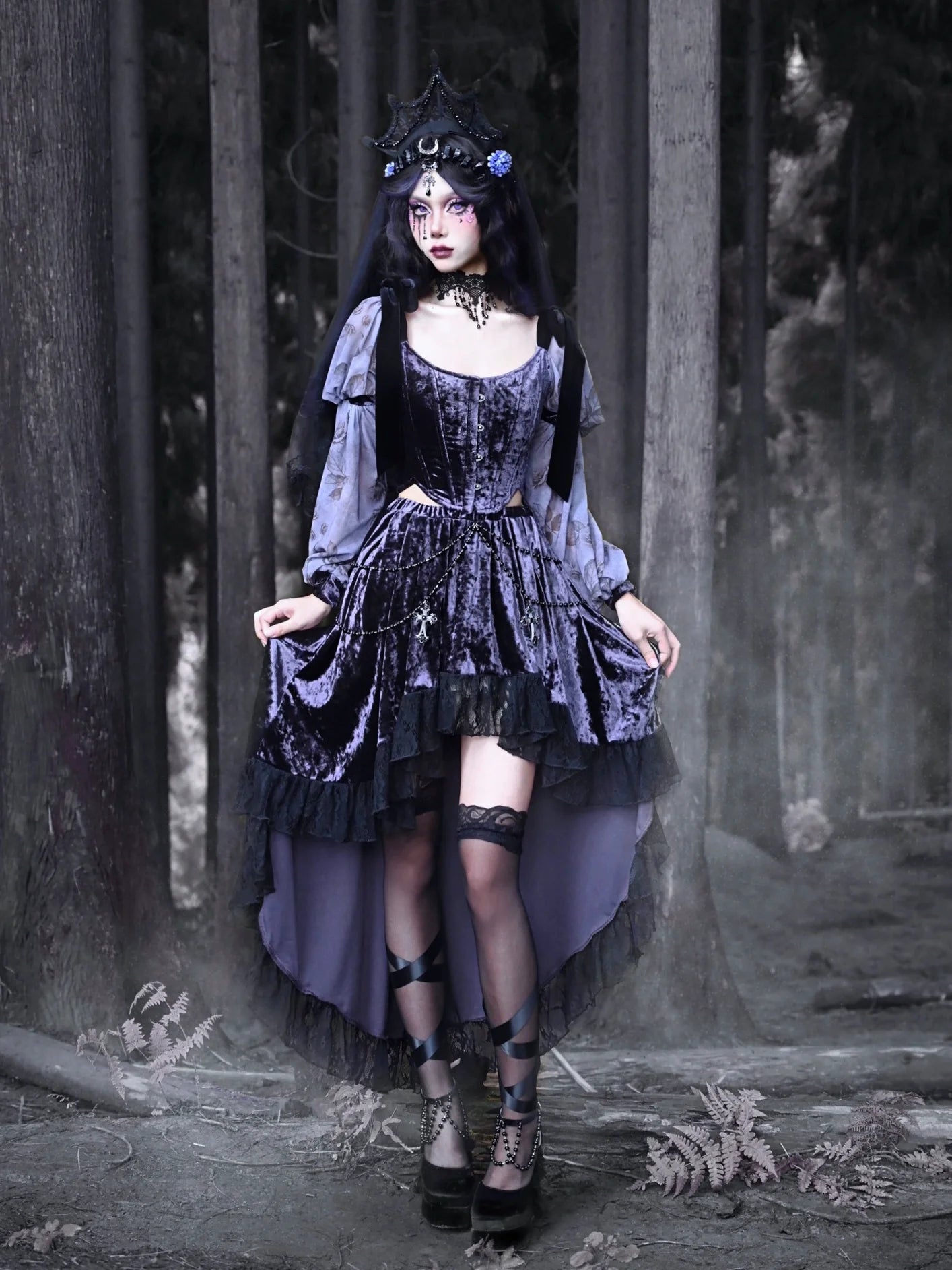 Top Luna Gothic Ribbon Corset Shoulder Velvet