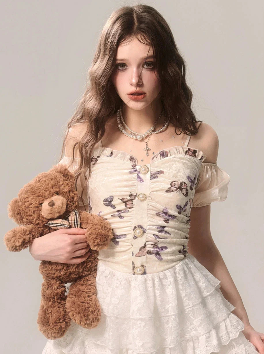Suspender Off-the-shoulder Cake Velvet Ballet Butterfly Lace Style French Top + White Skirt