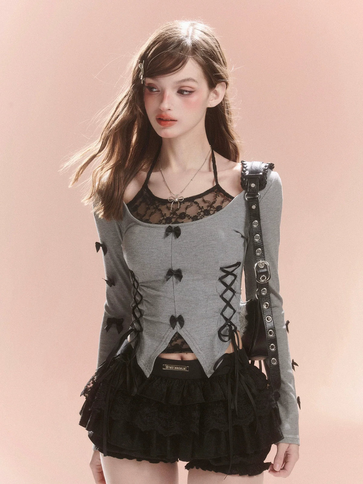 Lace-Up Slit Side Ribbon Top