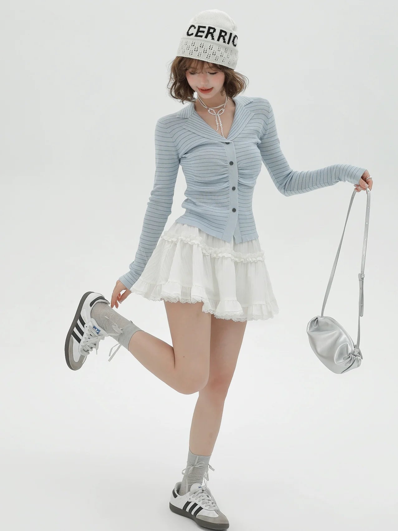 Knit Collar Light Stripe Top Blue Suit