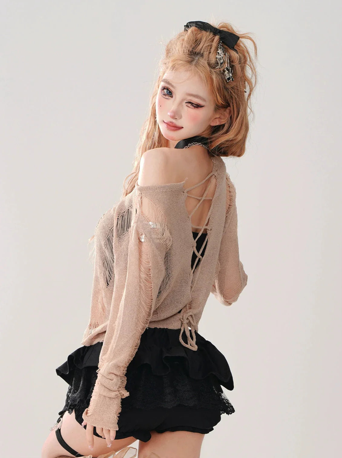 Short Top Ripped + Knit Off-Shoulder Lace-Up Top Back Tube