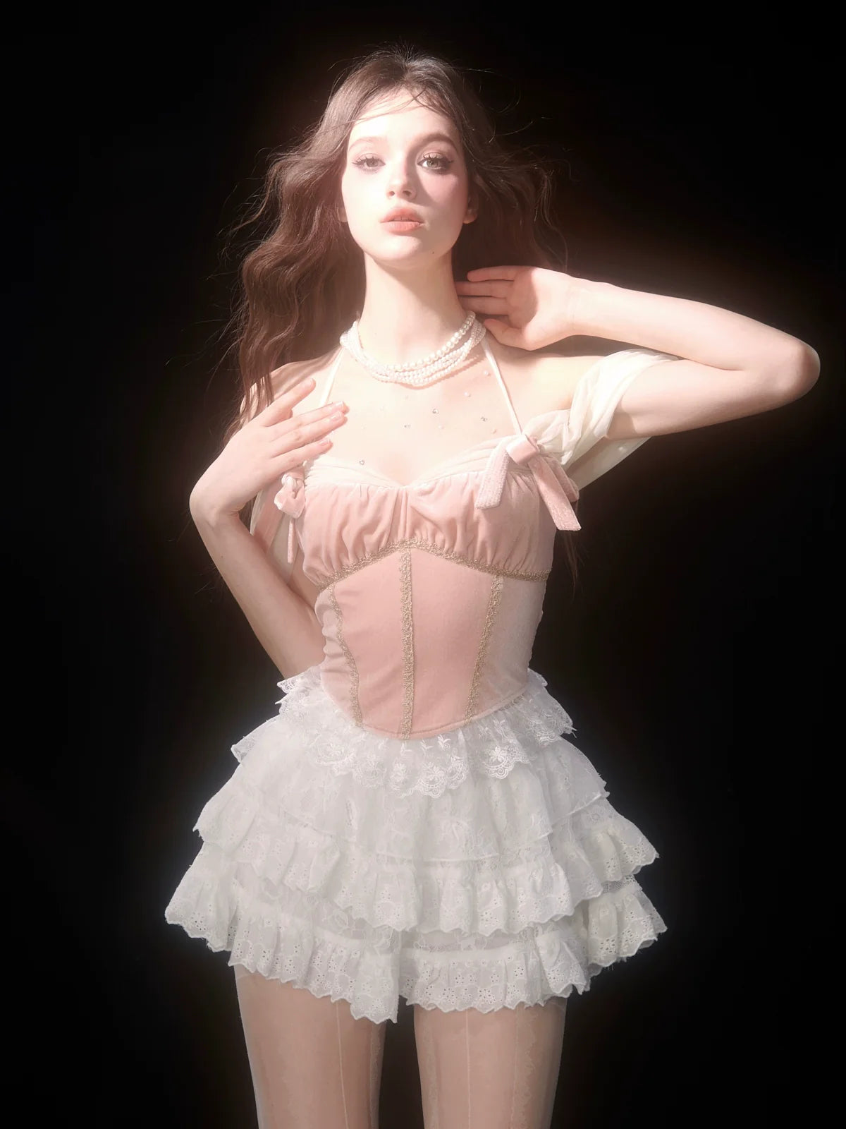 Lace White Lace Off-the-shoulder Cake Style + Ballet Skirt Top Pink Velvet Strap