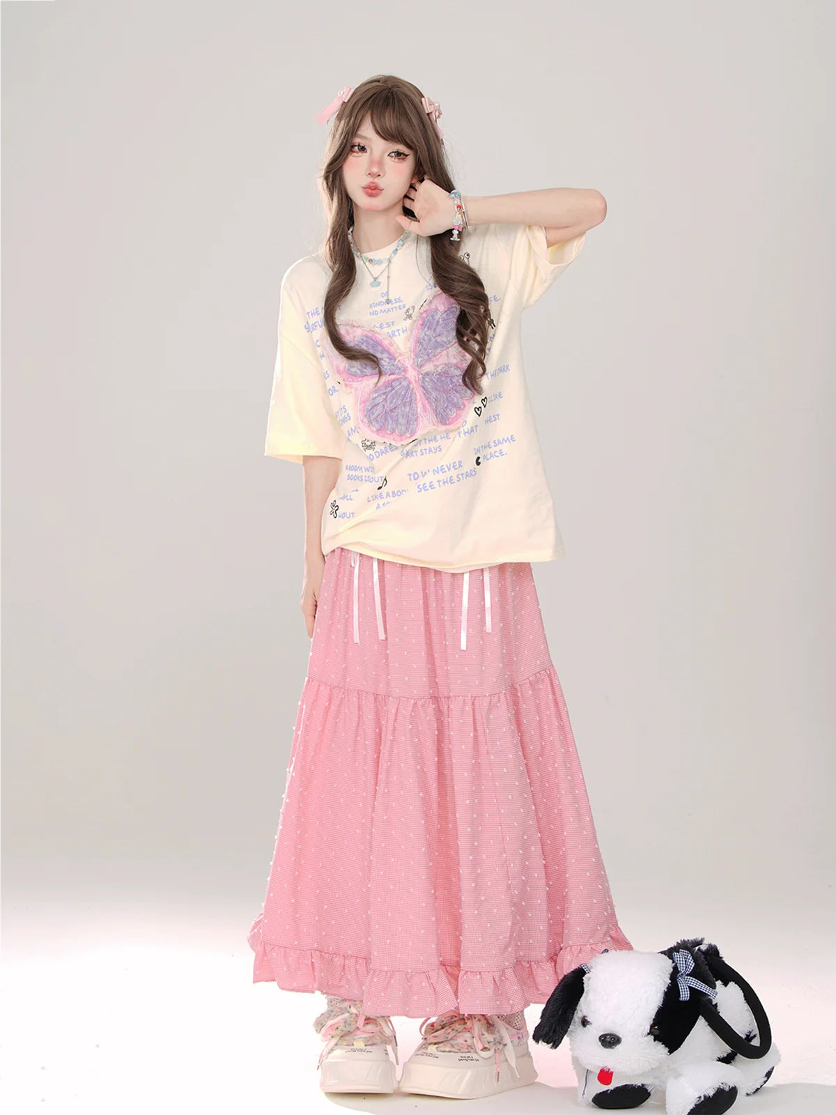 チェック+リボン Aライン Aライン ドットスカート ロングスカート ロング