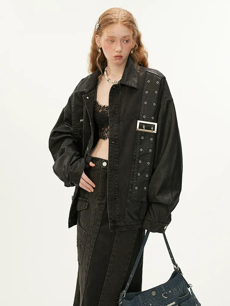 Veste en denim à bretelles en cuir
