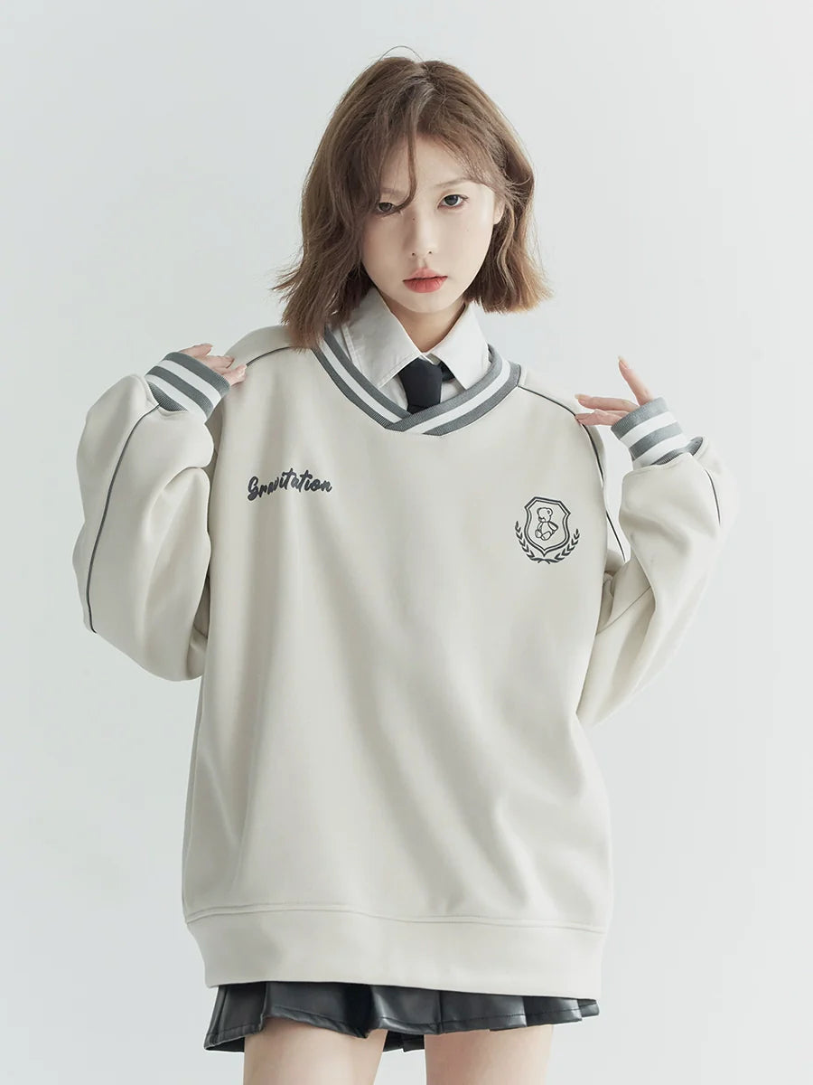V-Ausschnitt Casual Top Beflockt Locker Sportlich