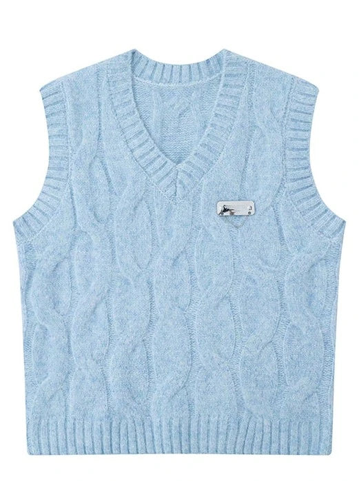 Pull col V bleu salé à torsades