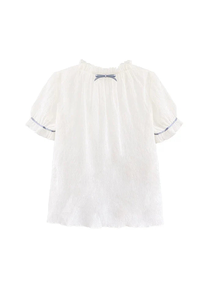 Shirt Handmade + Dress Puff Sheer Ruffled Sleeve Shoulder Corsage Inner Fairy Lace + Striped