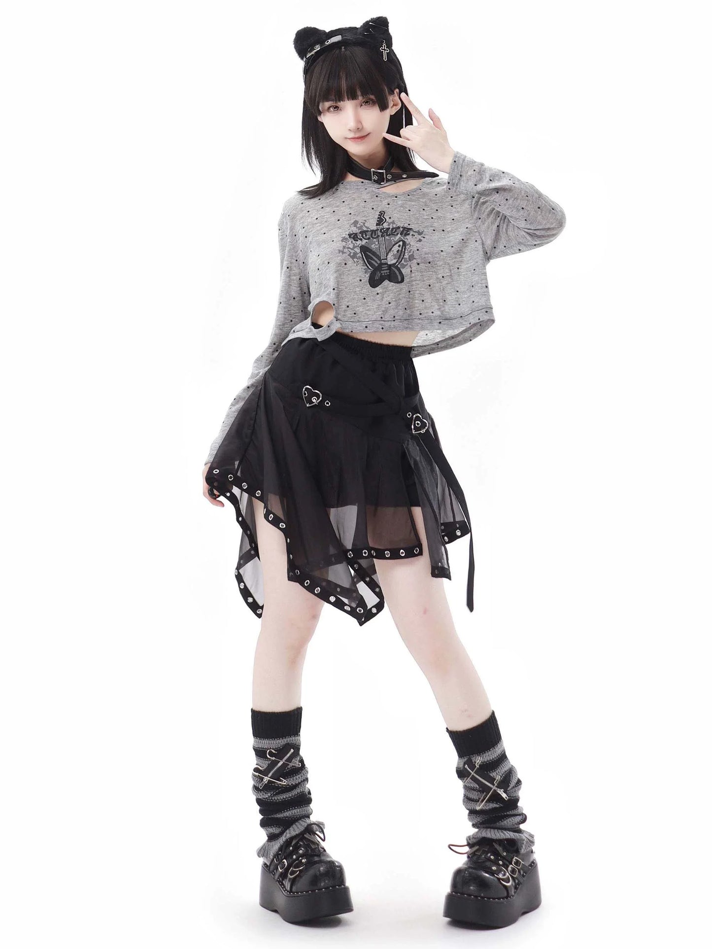 Drucken Sommer Kurzen Rock Unregelmäßigen Pullover Punk Hyde Tüll