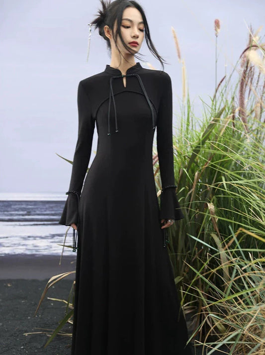 Bell Knit Retro Sleeve Dress China Buckle Long