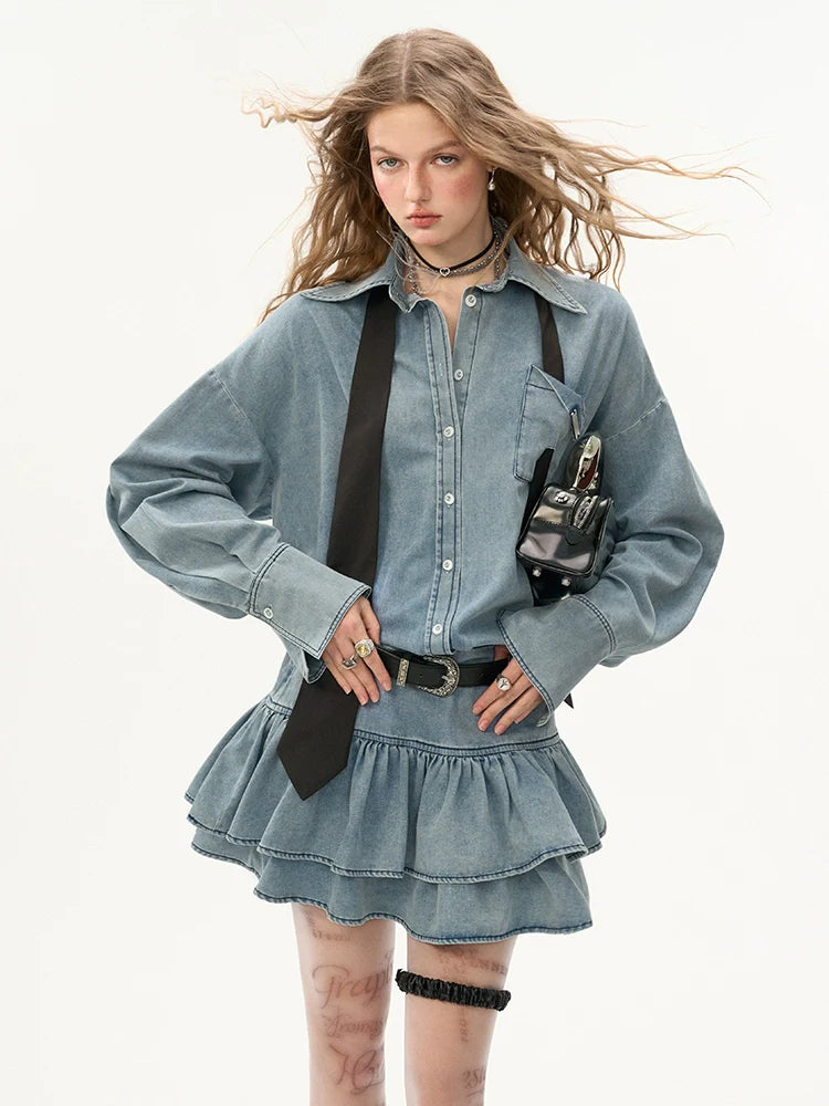 Ruffle Denim Shirt Flared Retro Dress