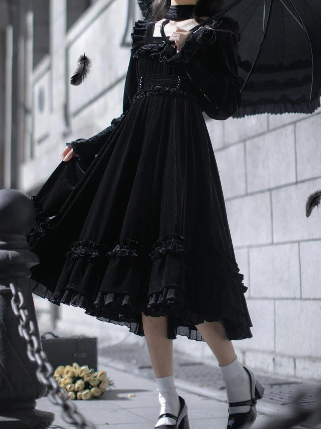 Collar Black Belt Elegant Retro + French Swan Ribbon Dress Square + Velvet