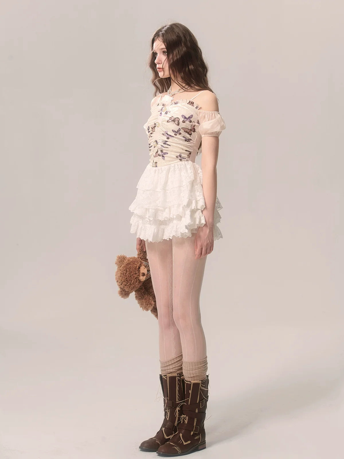 Suspender Off-the-shoulder Cake Velvet Ballet Butterfly Lace Style French Top + White Skirt