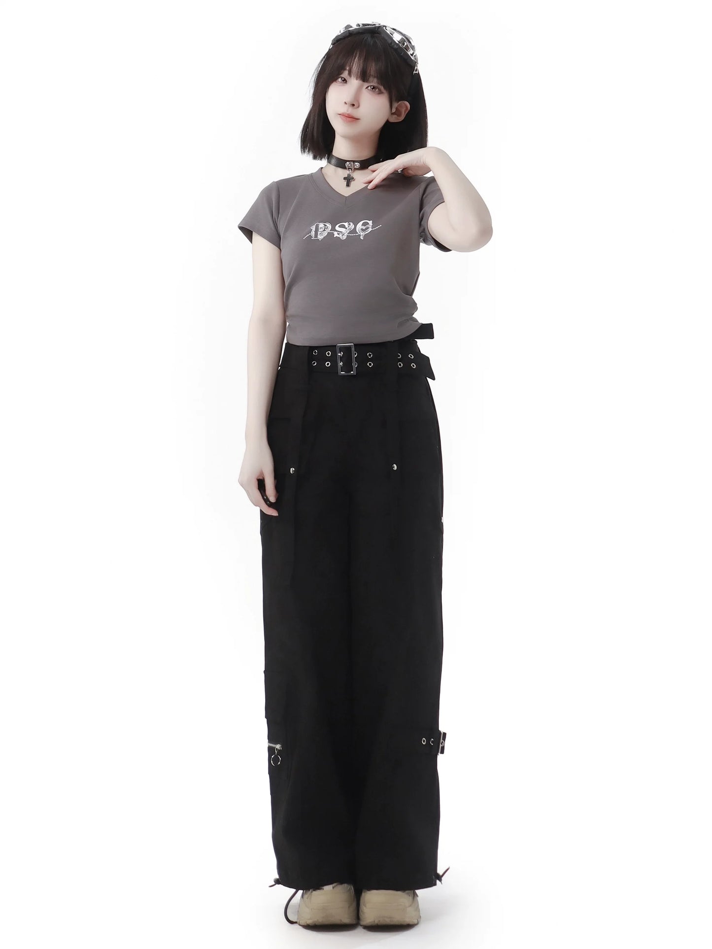 Black Pants Belt Cargo Retro-washed
