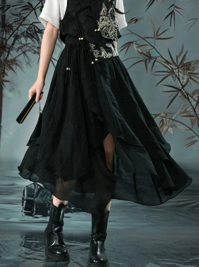 Chemise rétro asymétrique Chine + jupe gilet