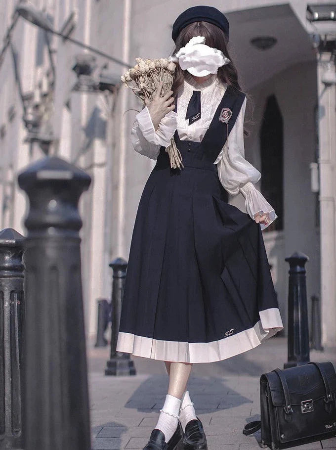 Dress Emblem + Tie + Blouse + Ruffle Retro College Beret Cyan Style Elegant Chiffon