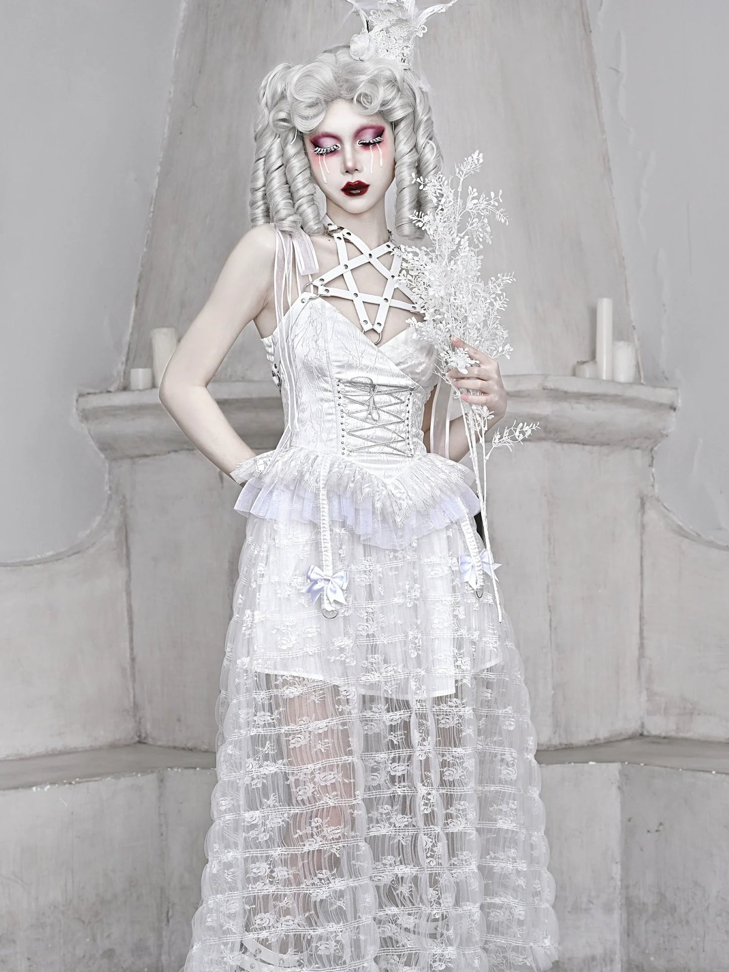 Mesh Schlafen Pentagramm Gothic Spitze Hosenträger Weiß Alice Dunkles Kleid