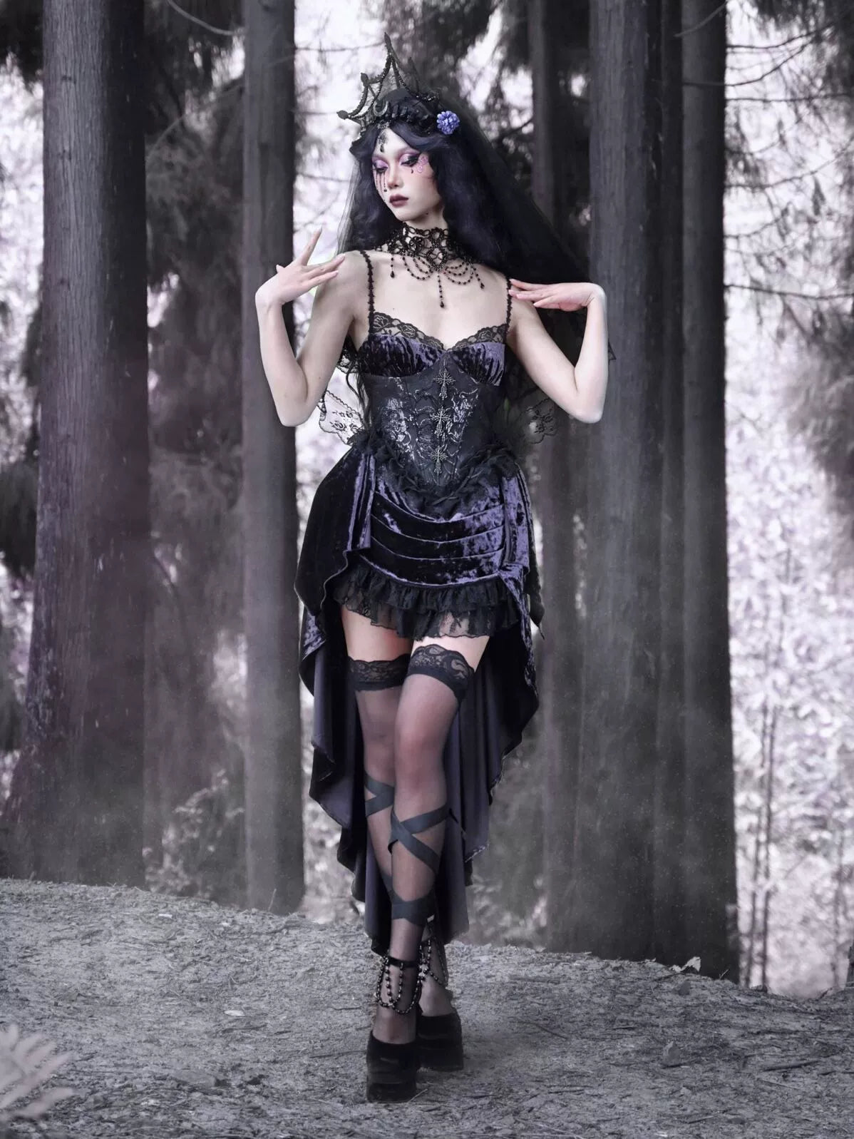 Gothic Lace Luna Suspender Dress Trailing Velvet