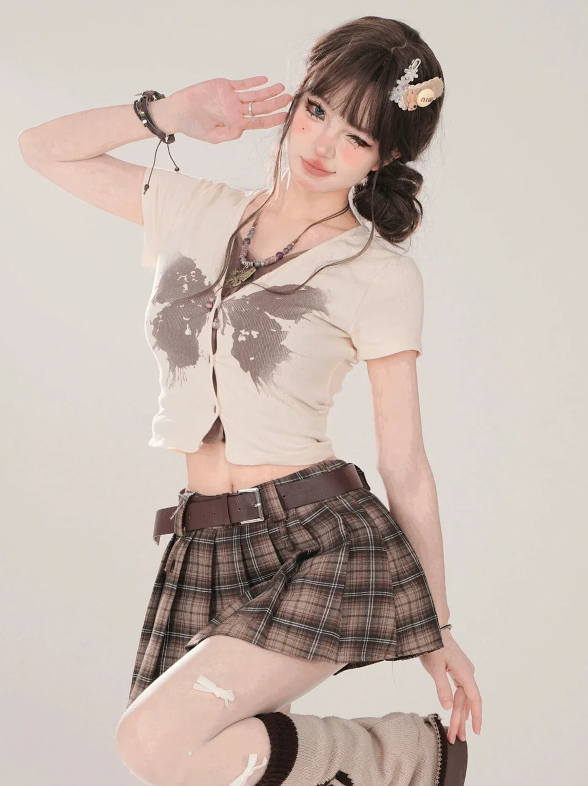 Two Piece Print Top Faux Butterfly Short V-Neck
