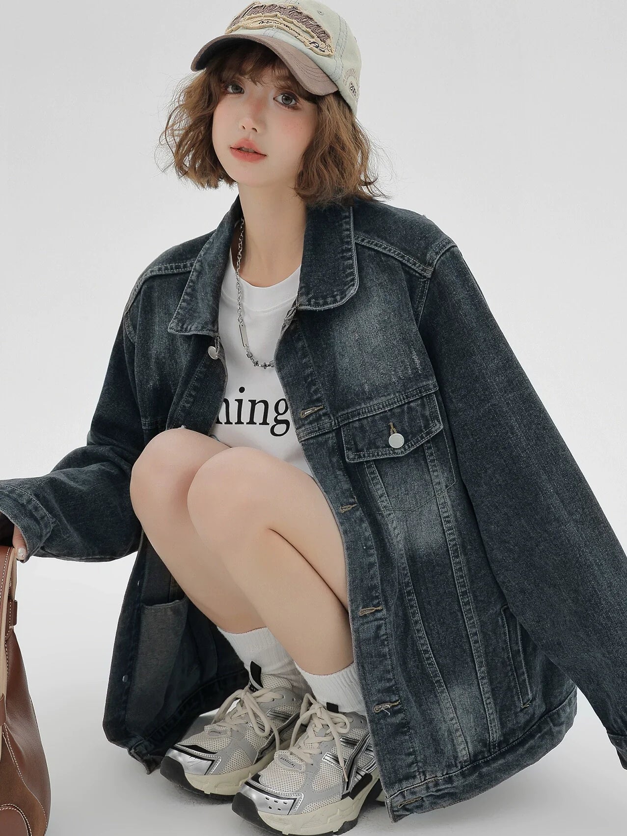 Veste américaine délavée en denim nostalgique ample et rétro